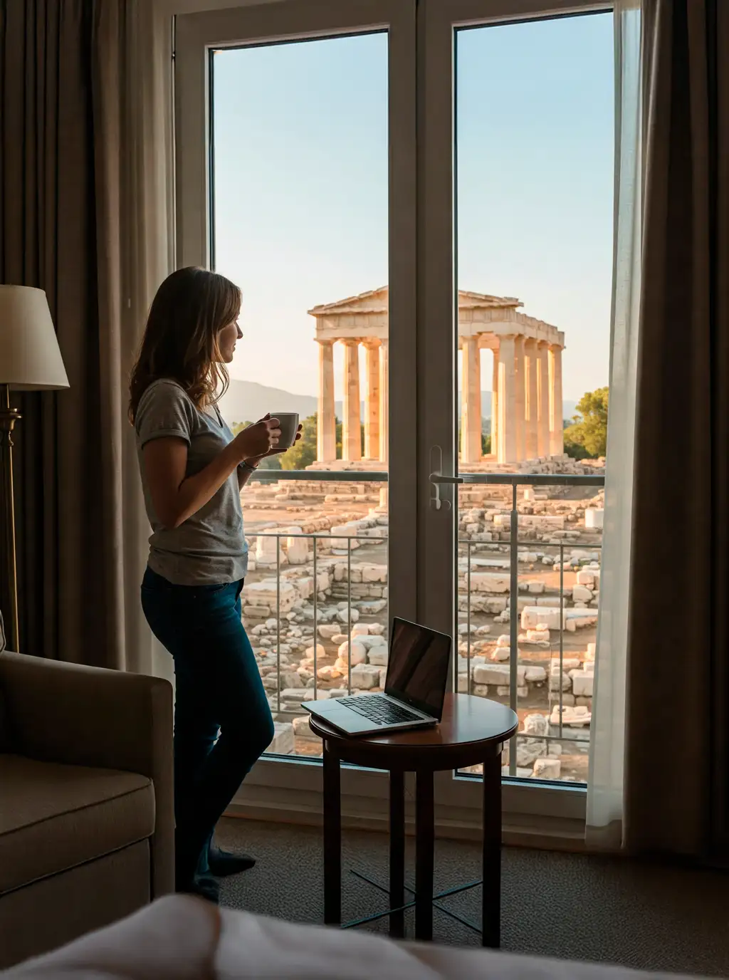 Digital nomad woman by the window drinking coffee