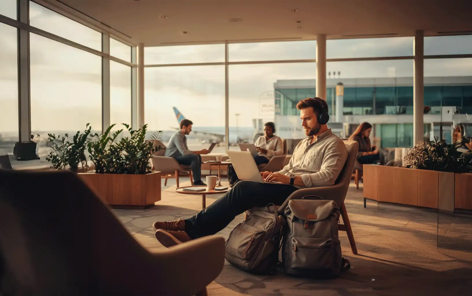 Nómada digital trabajando en un laptop con vista a la montaña