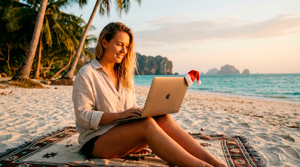 Nomad working on beach Christmas