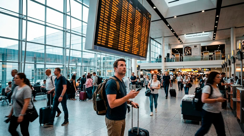 Traveler checking phone in airport