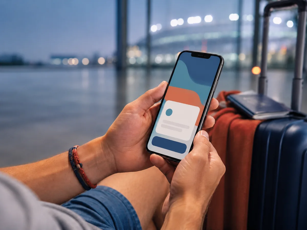 Persona cotizando asistencia de viaje desde un celular en el aeropuerto