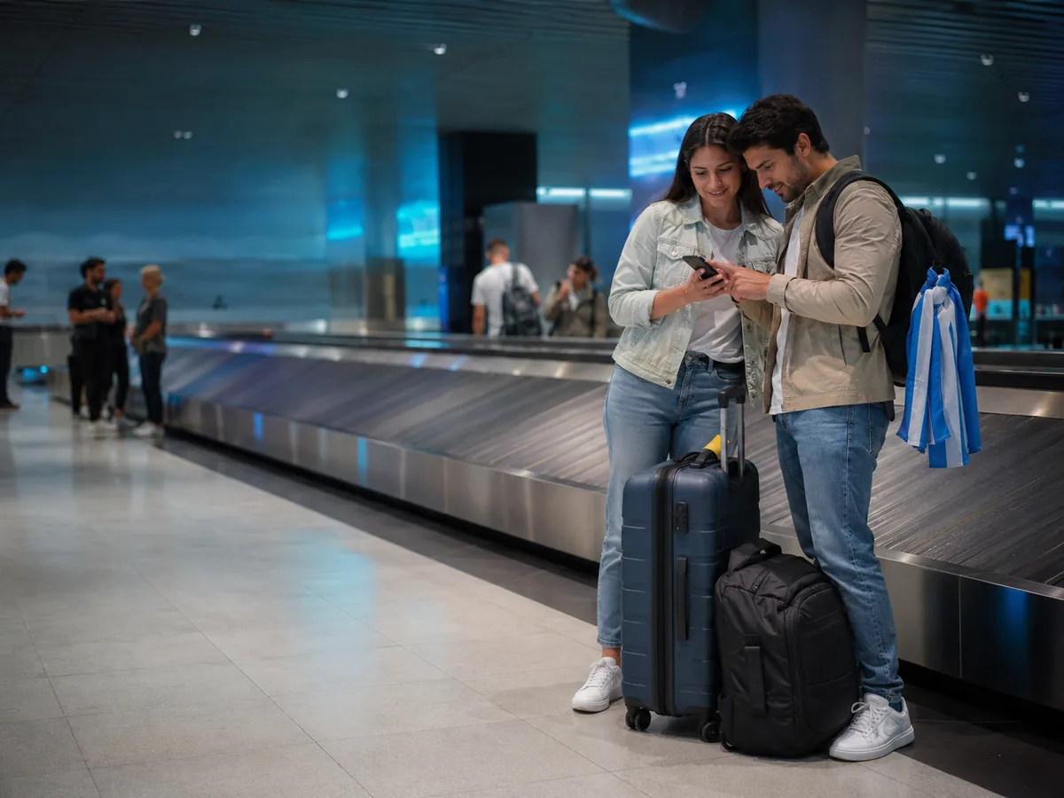 Viajeros revisando el celular junto a su equipaje en aeropuerto