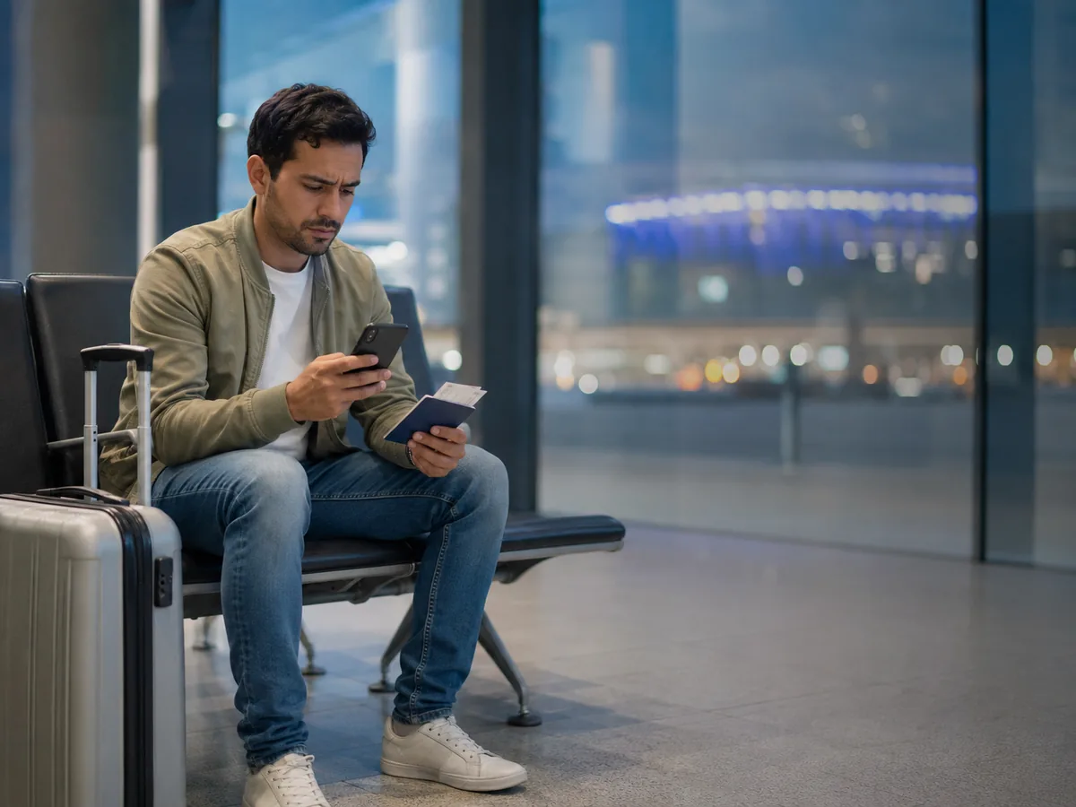 Viajero revisando su celular en aeropuerto ante un imprevisto de viaje