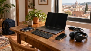 Digital nomad equipment checklist: laptop, headphones, keyboard, charger, and work accessories arranged on a travel desk.