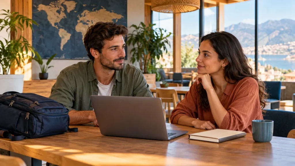 HR support for digital nomads: remote employee and company coordinator reviewing travel and work equipment.